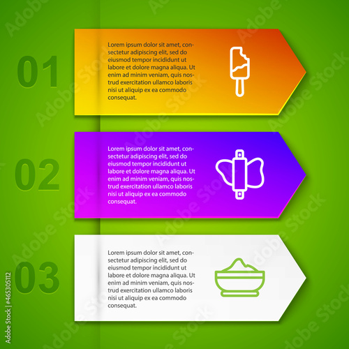 Set line Ice cream, Rolling pin on dough and Flour bowl. Business infographic template. Vector