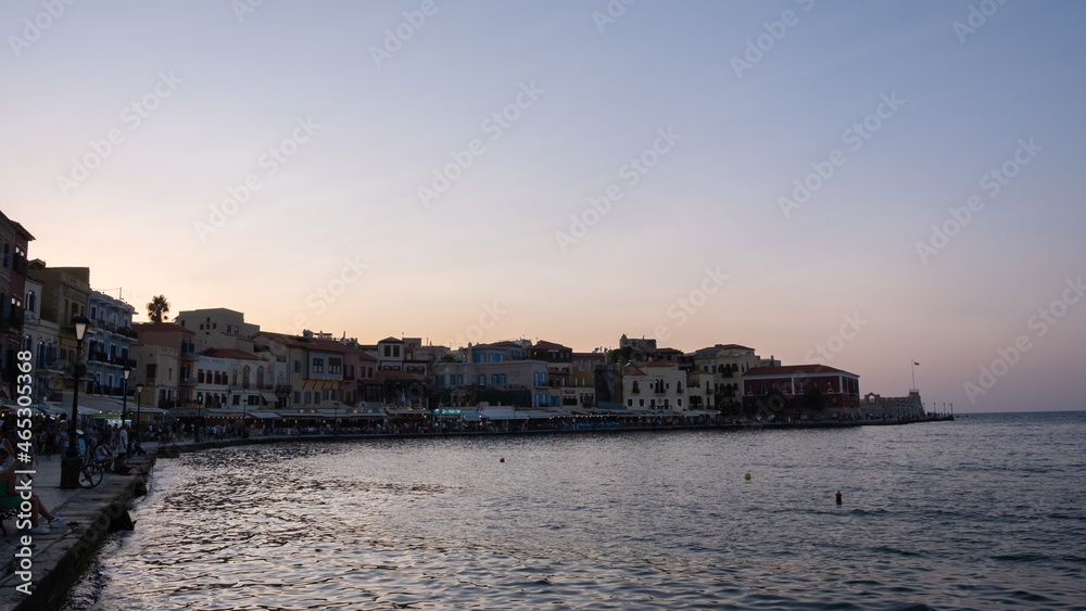 Panoramic view on the venetian harbor of old Chania, Crete