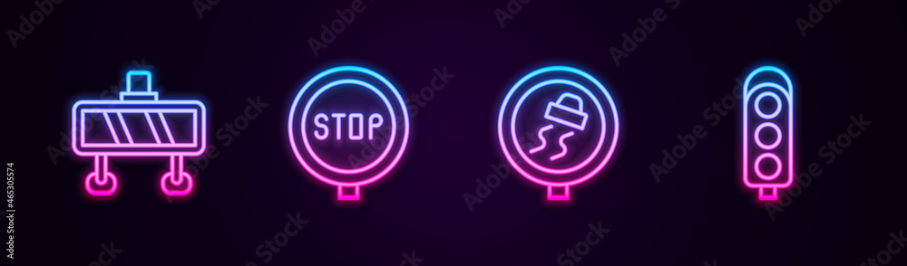 Set line Road barrier, Stop sign, Slippery road traffic and Traffic light. Glowing neon icon. Vector Set line Road barrier, Stop sign, Slippery road traffic and Traffic light. Glowing neon icon. Vector