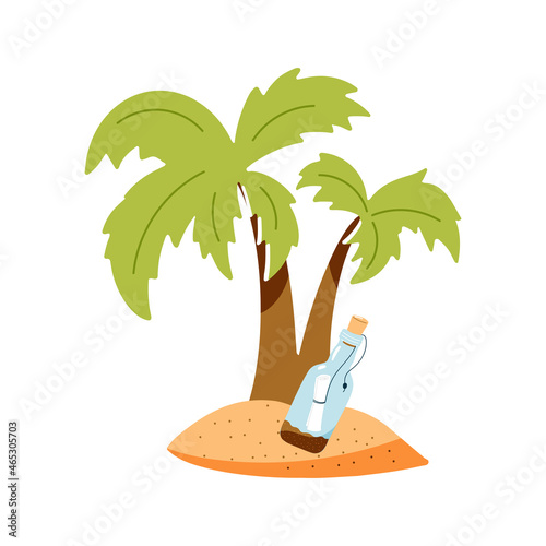 Palm tree and bottle with a message isolated on a white background. Vector hand-drawn illustration. Desert island, pirate concept design.