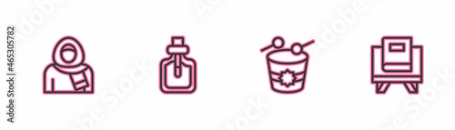 Set line Muslim woman in hijab, Ramadan drum, Perfume and Holy book of Koran icon. Vector