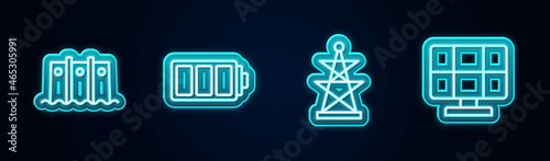 Set line Hydroelectric dam, Battery, Electric tower and Solar energy panel. Glowing neon icon. Vector