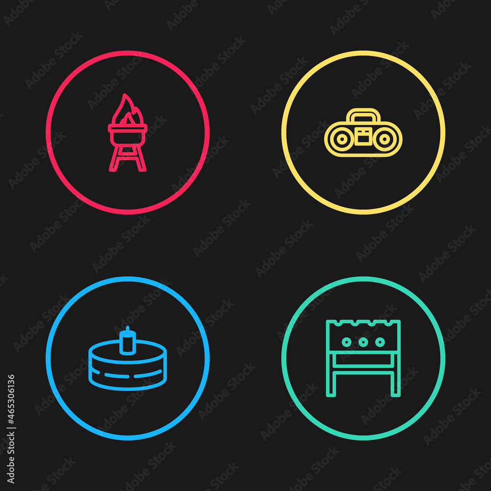 Set line Cake with burning candles, BBQ brazier, Home stereo two speakers and Barbecue grill icon. Vector Set line Cake with burning candles, BBQ brazier, Home stereo two speakers and Barbecue grill icon. Vector