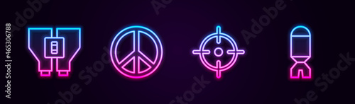 Set line Binoculars, Peace, Target sport and Rocket launcher. Glowing neon icon. Vector