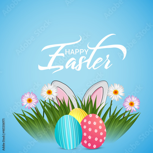 Happy easter day celebration greeting card with ester painted egg and bunny
