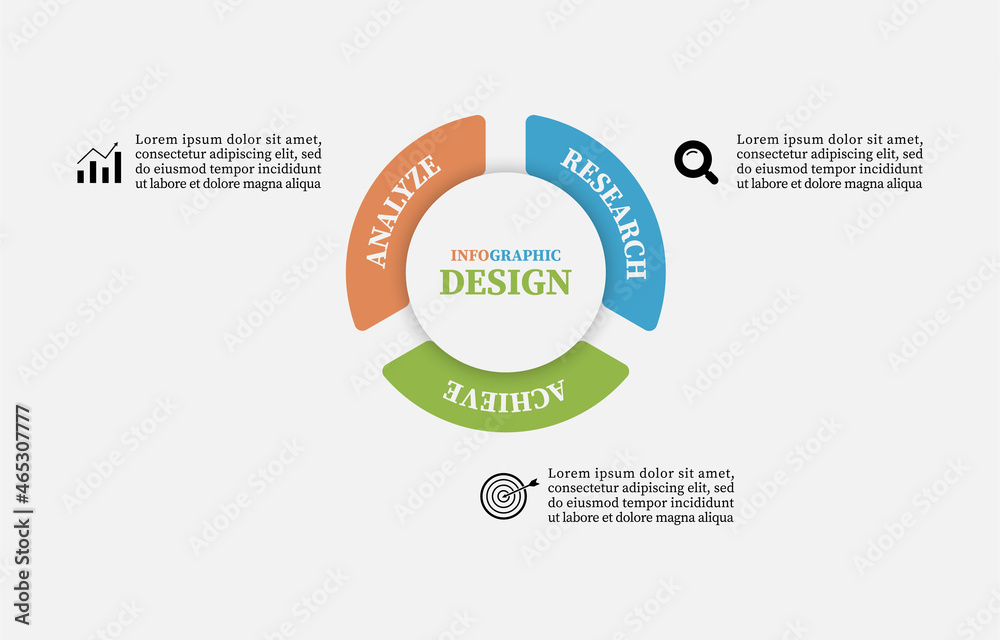 Business linear infographic circle. Round pie chart divided into 3 colorful parts. Three features of startup project. Can be used for workflow layout, diagram, report, web design and presentation.