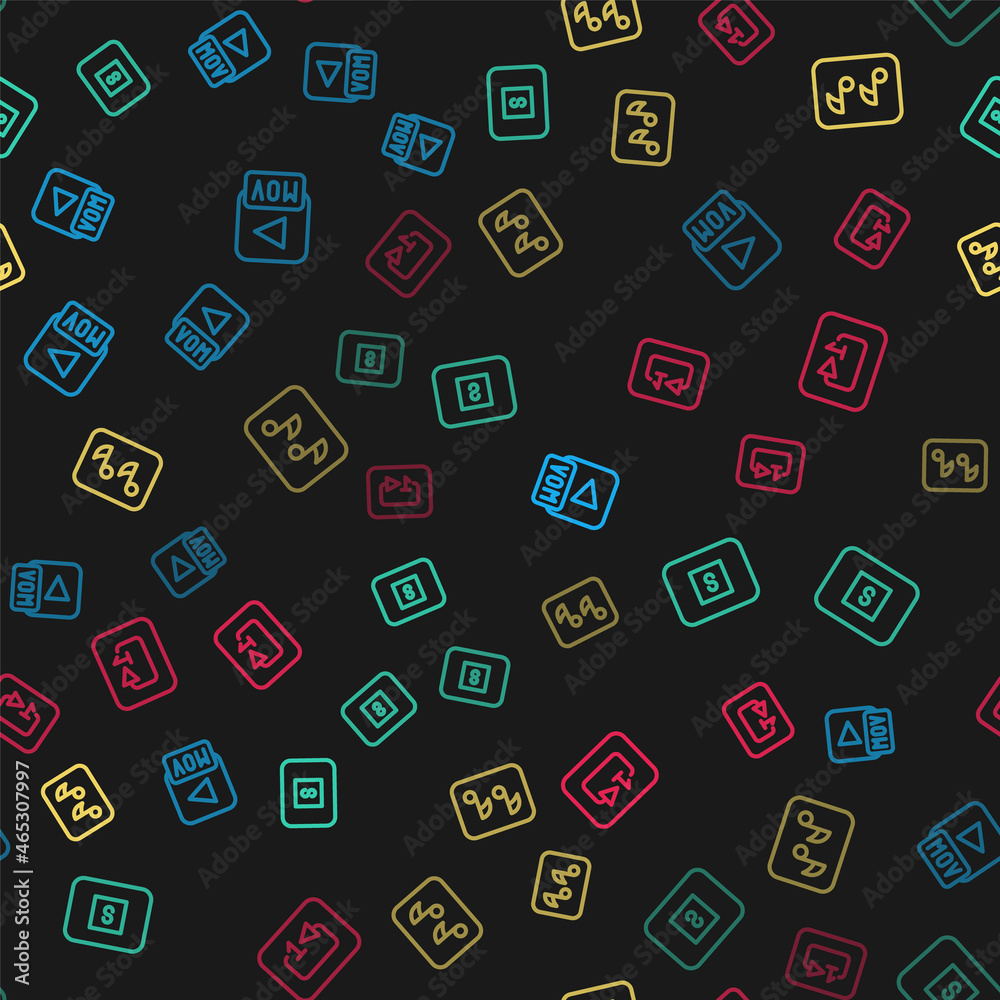 Set line MOV file, Stop media button, Music note, tone and Repeat track music player on seamless pattern. Vector