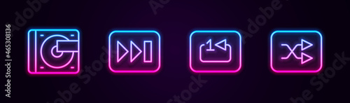 Set line Vinyl player with vinyl disk, Fast forward, Repeat track music and Arrow shuffle. Glowing neon icon. Vector photo