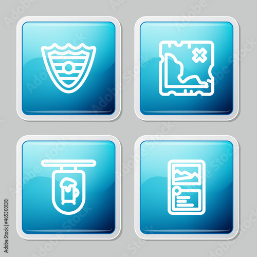 Set line Shield, Pirate treasure map, Street signboard with Bar and Card game collection icon. Vector