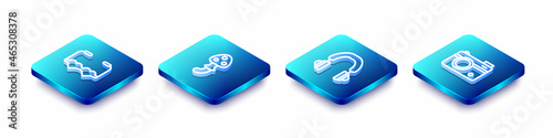 Set Isometric line Heart shaped love glasses, Psilocybin mushroom, Headphones and Photo camera icon. Vector