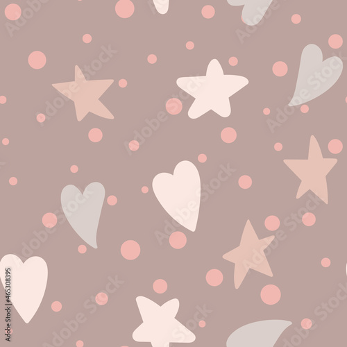 Cute hearts and stars seamless pattern. Delicate background in the Scandinavian style. Vector illustration for design  postcards  baby clothes  gift paper  fabric.