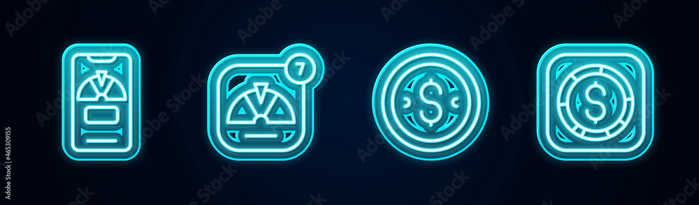 Set line Lucky wheel on phone, Coin money with dollar and . Glowing neon icon. Vector Set line Lucky wheel on phone, Coin money with dollar and . Glowing neon icon. Vector