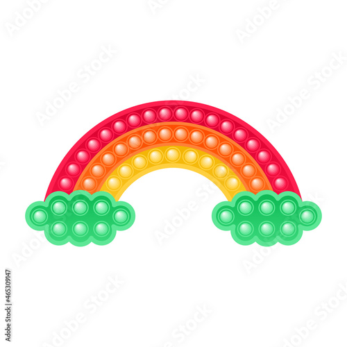 Pop It Toy One Rainbow with Clouds. Sensory Toy for Preschoolers, Children. Fun, Relaxation. Colorful Icon. Bright Red, Yellow, Orange, Green. White background. Cartoon 3D style. Vector illustration