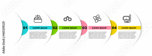 Set line Sinking cruise ship, Binoculars, Boat propeller and Diving mask and snorkel. Business infographic template. Vector