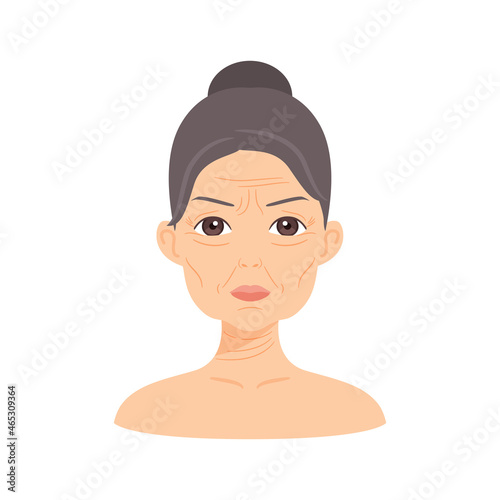 Beautiful Elderly Caucasian Woman. Portrait of Pretty Old Lady with a Gray Bun on Head. Wrinkles, Sagging on Face. Flat Cartoon style. White background. Illustration for Medical, Beauty Design. Vector