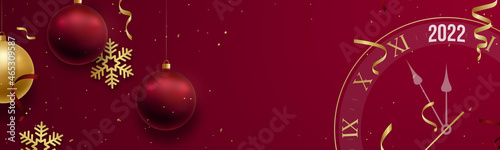 Happy New Year long banner. Festive red background with hanging gold and red balls. snowflakes and clock. Desifn template for web header, banner, invitation to nightclub. Golden wall clock with 2022.