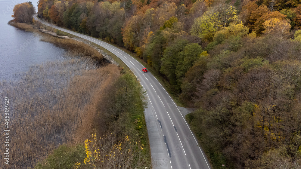 Aerial view of a curvy road and a red car.  Drone photography taken from above in Sweden in autumn. Surroundings with trees and a lake. Travel and transportation concept.