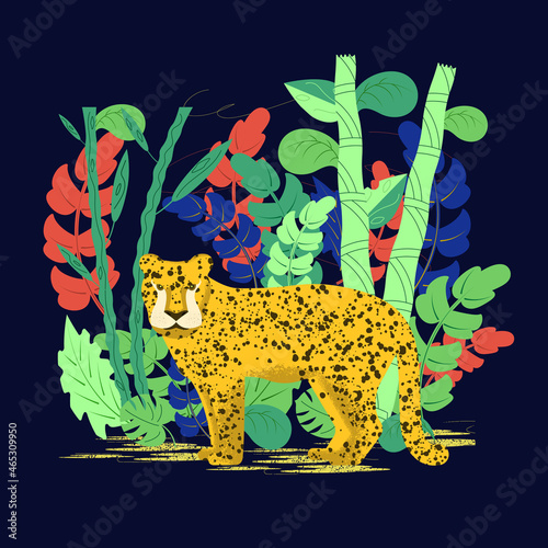 Leopard in a tropical forest among the bamboo thickets on a dark background. Vector illustration on a colored background. Flat design..