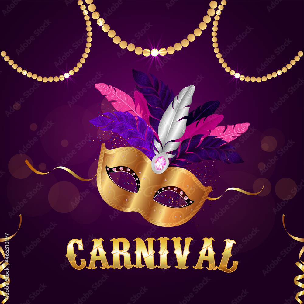 Carnival golden mask on purple background
