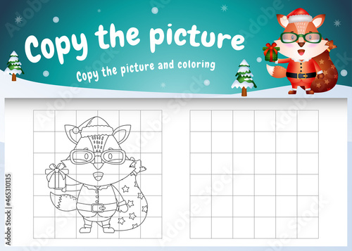 Copy the picture kids game and coloring page with a cute fox using santa costume