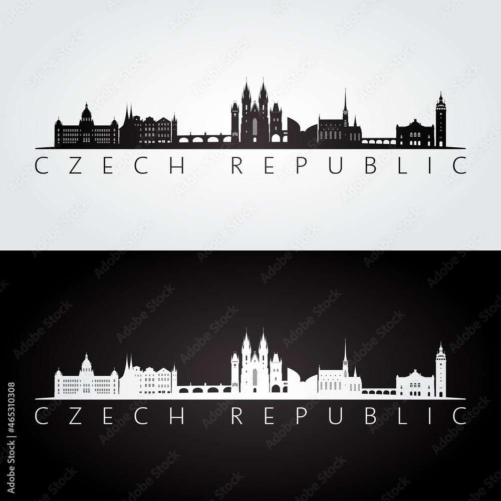 Czech Republic skyline and landmarks silhouette, black and white design, vector illustration.