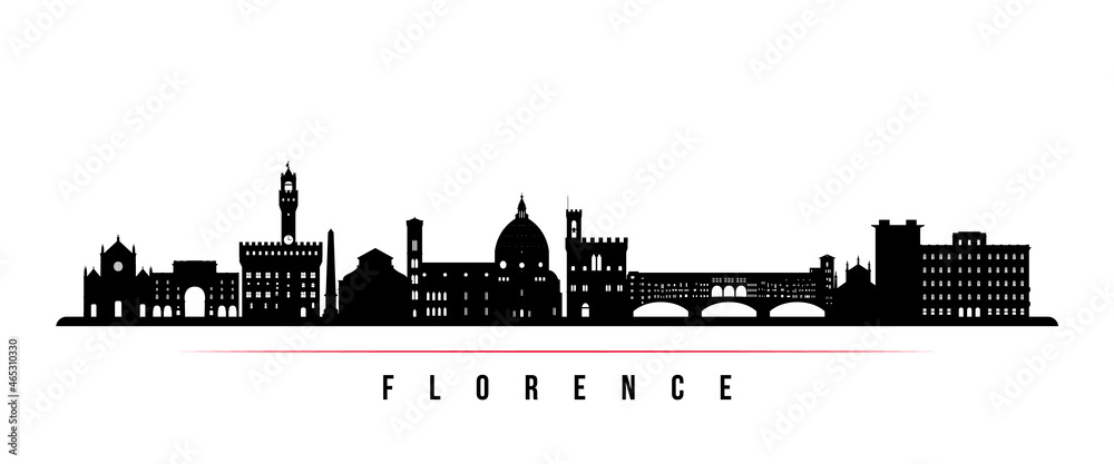 Florence skyline horizontal banner. Black and white silhouette of Florence, Italy. Vector template for your design.