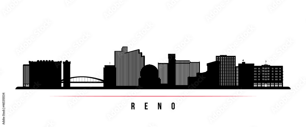 Reno skyline horizontal banner. Black and white silhouette of Reno, Nevada. Vector template for your design.