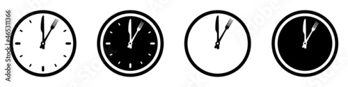 Set of clock icons with cutlery. Business lunch symbols, lunch break. Clock with fork and knife. Vector illustration.