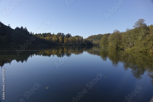 Autumn trees with colourful foliage reflecting in the water under a blue sunny sky, Schöntalweiher, Ludwigswinkel, Fischbach, Rhineland Palatinate, Germany 