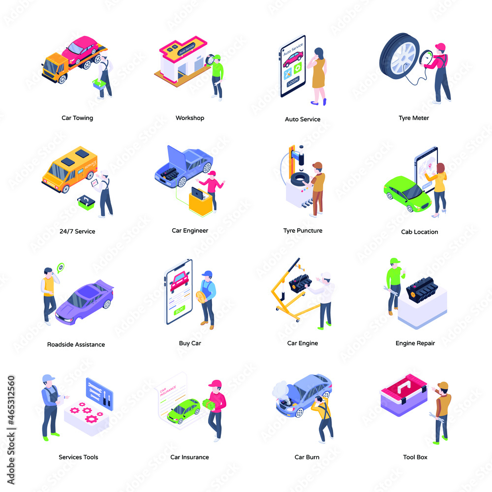 Fototapeta premium Set of Car Services Isometric Icons 