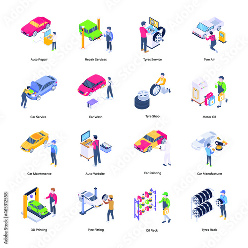 Pack of Car Repair Isometric Icons 