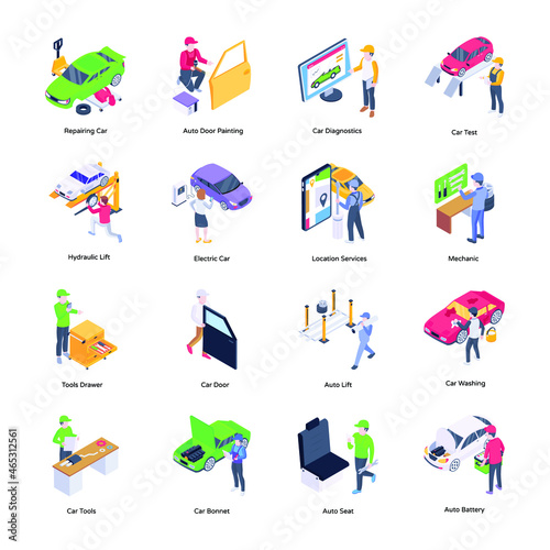 Collection of Auto Services Isometric Icons