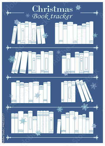 Printable Christmas Book Tracker. Many books on a bookshelf and snowflakes around vector illustration