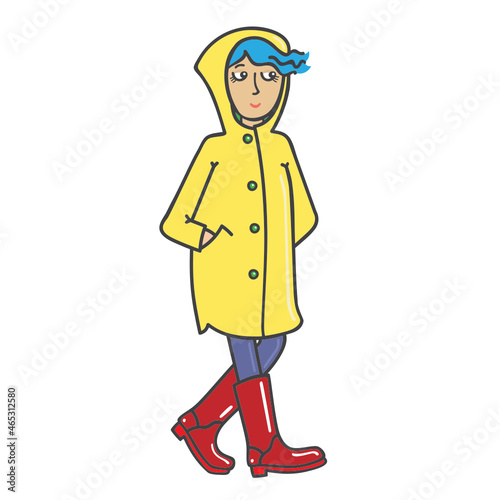 Smiling girl in a yellow raincoat and red rubber boots with blue hair walks in the rain vector illustration