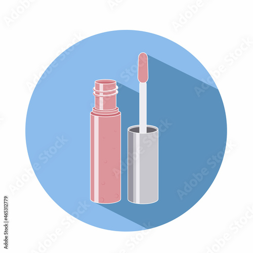 Bright pink liquid lipstick vector icon isolated on blue background 