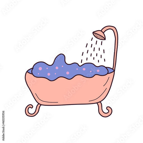 Filled bathroom with foam and bubbles. From above pours shower. Morning routine. Colorful vector isolated illustration hand drawn