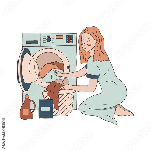 Happy woman is putting laundry in the washing machine. Laundry room. Washing powder and softener are next to the laundry basket. Colorful vector isolated illustration hand drawn