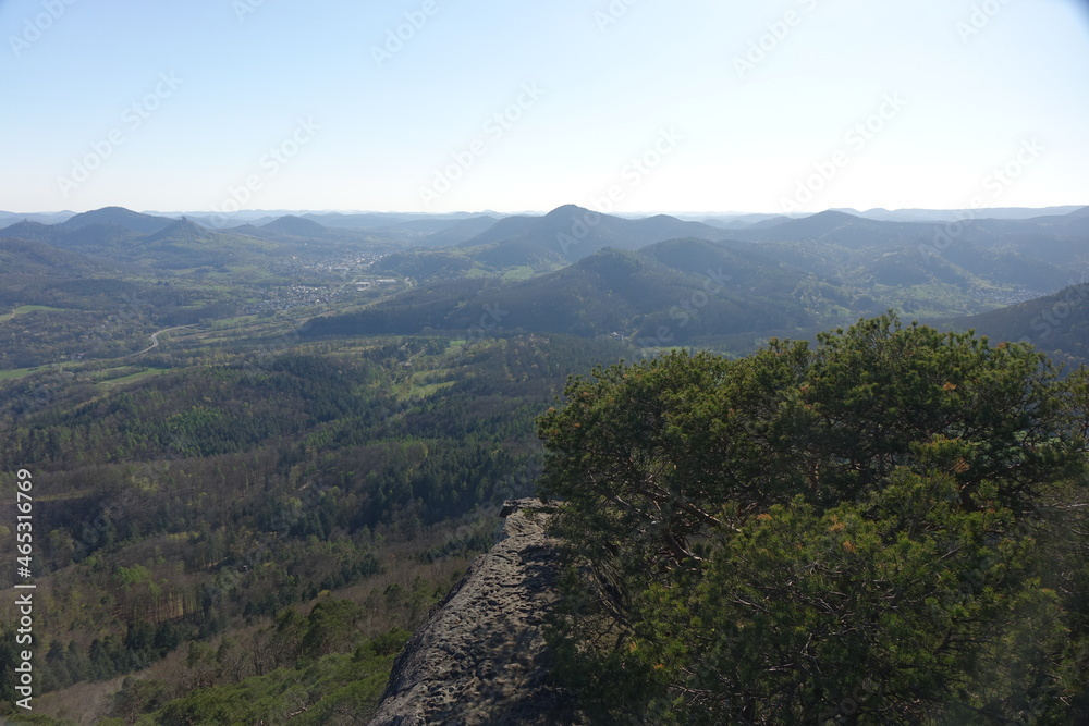 Scenic view from Orensfels outlook point to the west over Palatinate Forest (Pfälzer Wald), Frankweiler, Germany
