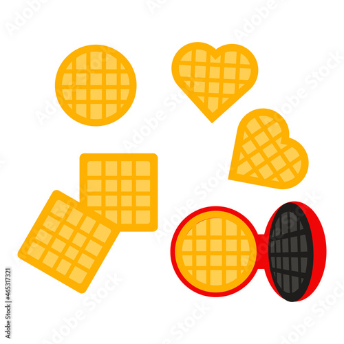 Waffles different forms (heart, round, square) with waffle iron. Cooking breakfast. Vector illustration in cartoon style on white background