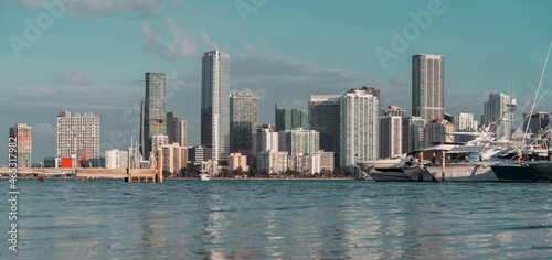 panorama sea buildings skyscrapers Miami Florida city skyline travel boats marina 