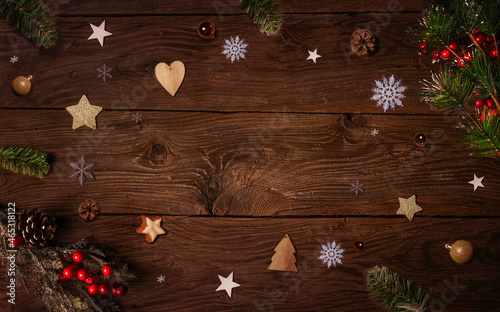 Beautiful christmas texture with deco on a wooden board