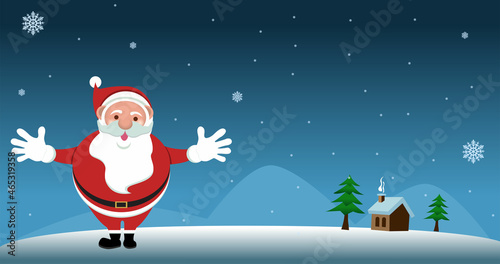 Vector illustration merry christmas with santa claus, tree and house with snowing © OutsiderCreative