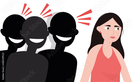 A young woman is accosted on the street, unpleasant offensive components are shouted. catcalling. Harassment on the street. Unfamiliar men pester and whistle after the ladies