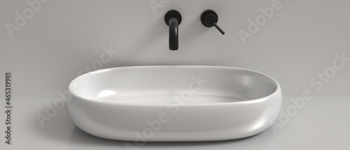 Sink basin and faucet, bathroom interior. Black tap and white washbasin. 3d illustration
