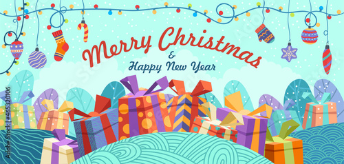 Christmas and New Year greeting. Cartoon vector illustration of gift boxes among snowdrifts and trees under garland lights and hanging tree toys. Horizontal Xmas card, poster, website header, banner