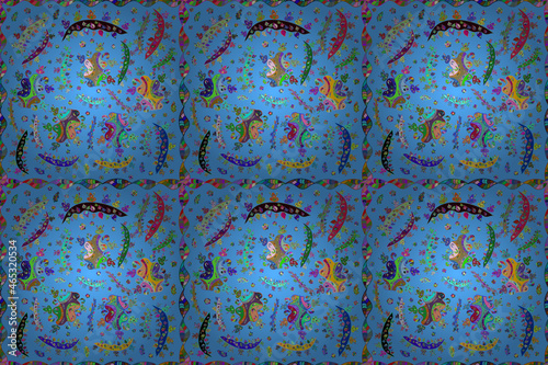 Seamless pattern with interesting doodles on colorfil background. Pano. Raster illustration.