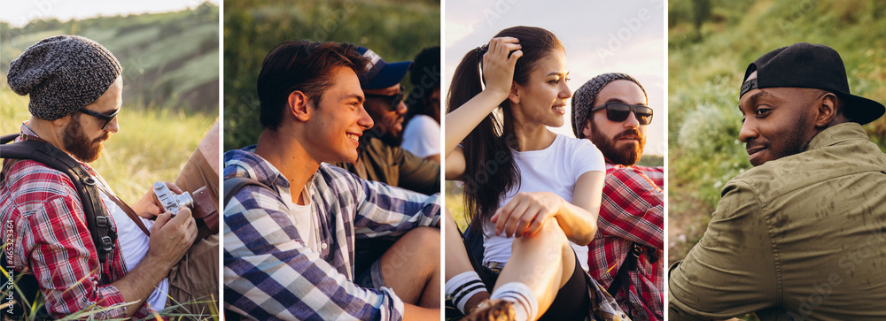 Composite image of photos of group of friends, young men and women walking together in summer forest, meadow. Lifestyle, friendship, nature Composite image of photos of group of friends, young men and women walking together in summer forest, meadow. Lifestyle, friendship, nature