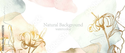 Elegant, romantic watercolor background with hand painted golden lilies. Colorful watercolor blot, wash, ink imitation.