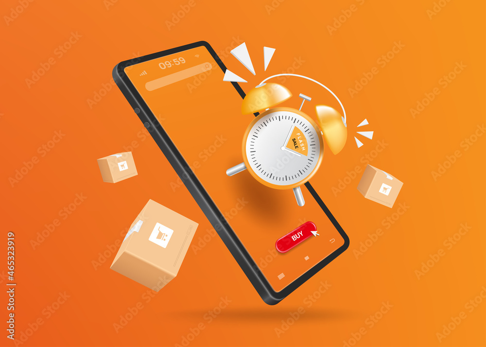 Alarm clock is alerting the flat sales promotion period and was floating on a smartphone, and there were parcel boxes floating around the area for online shopping concept,vectro 3d on orange backgroun Alarm clock is alerting the flat sales promotion period and was floating on a smartphone, and there were parcel boxes floating around the area for online shopping concept,vectro 3d on orange backgroun
