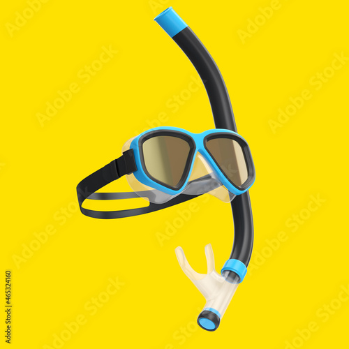 Blue diving mask and snorkel isolated on a yellow background